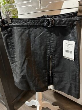 Free People Black Faux Leather Mini Skirt with Front Zip Accent